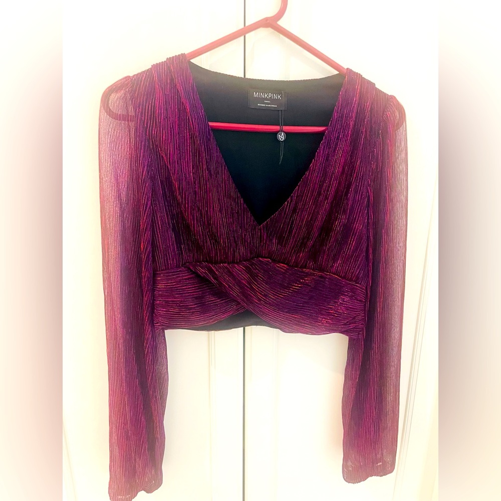 Minkpink V pink metallic neck top with sheer sleeves from South Moon Under
